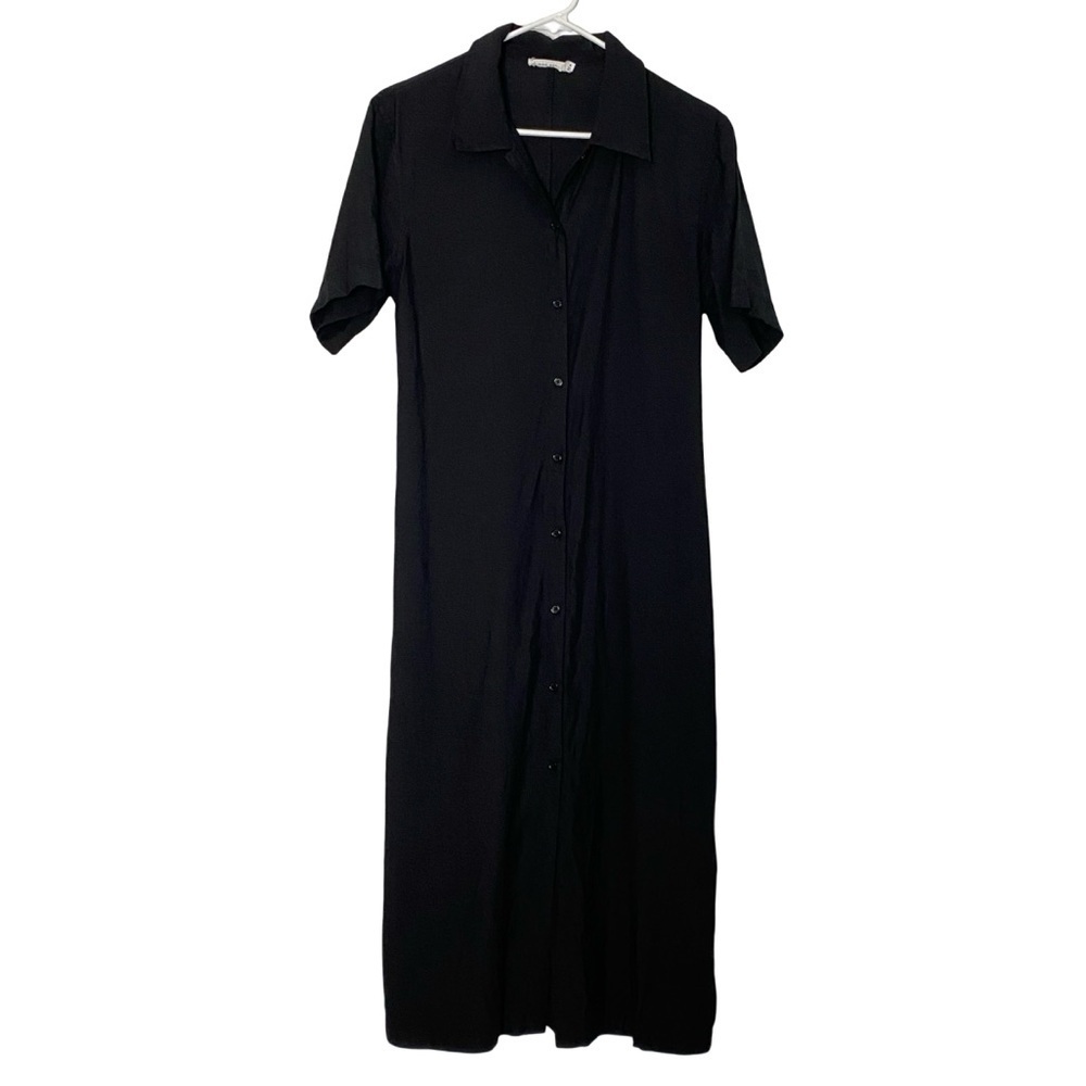 Mod Ref Button Down Midi Dress Womens Size Medium Black Short Sleeve Tie Back